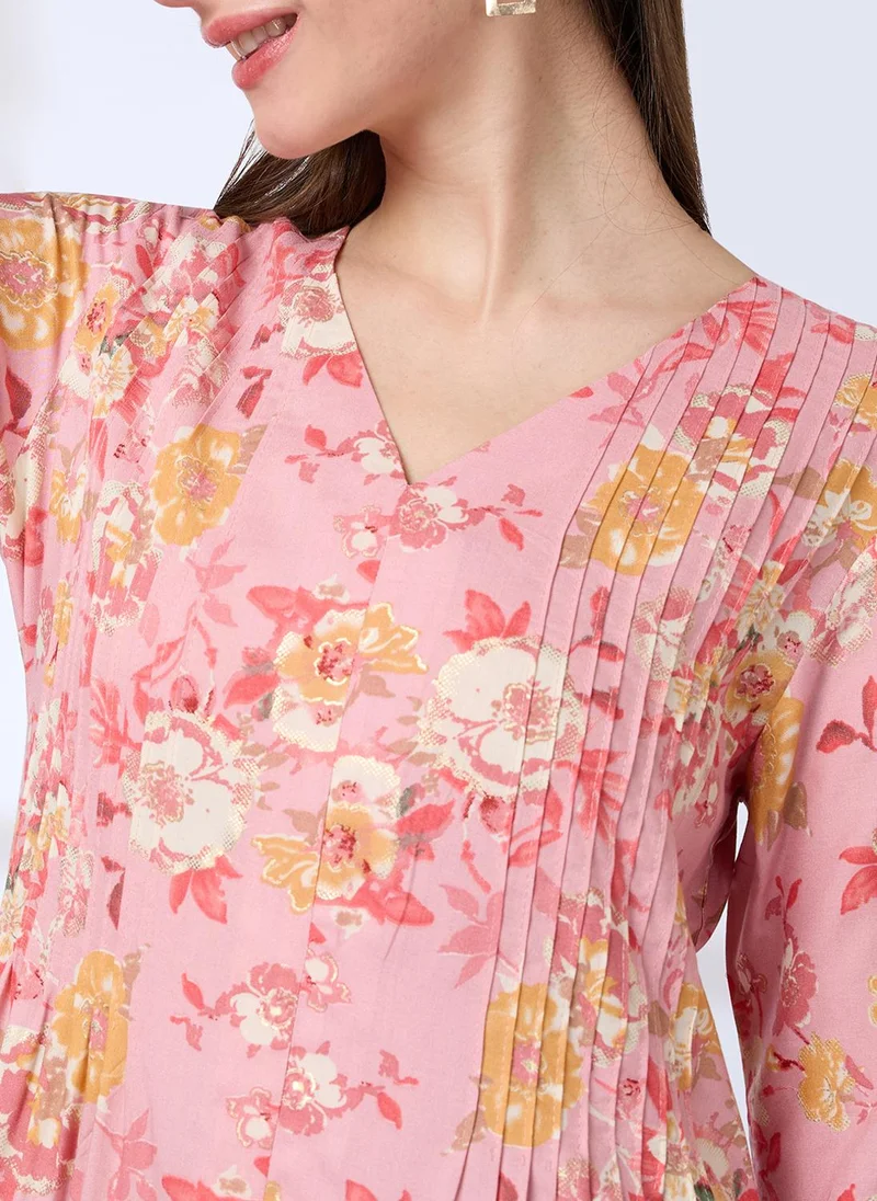 globus Pink Globus Women V-Neck Floral Print Pleated Front Slit A-Line Workwear Kurta for Women | Best Price UAE